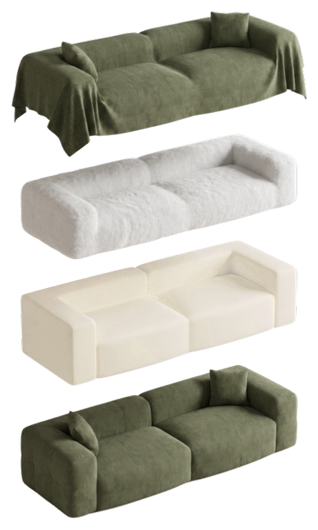 Exploded view of a Floom sofa showing outer fabric, gauze layer and foam core