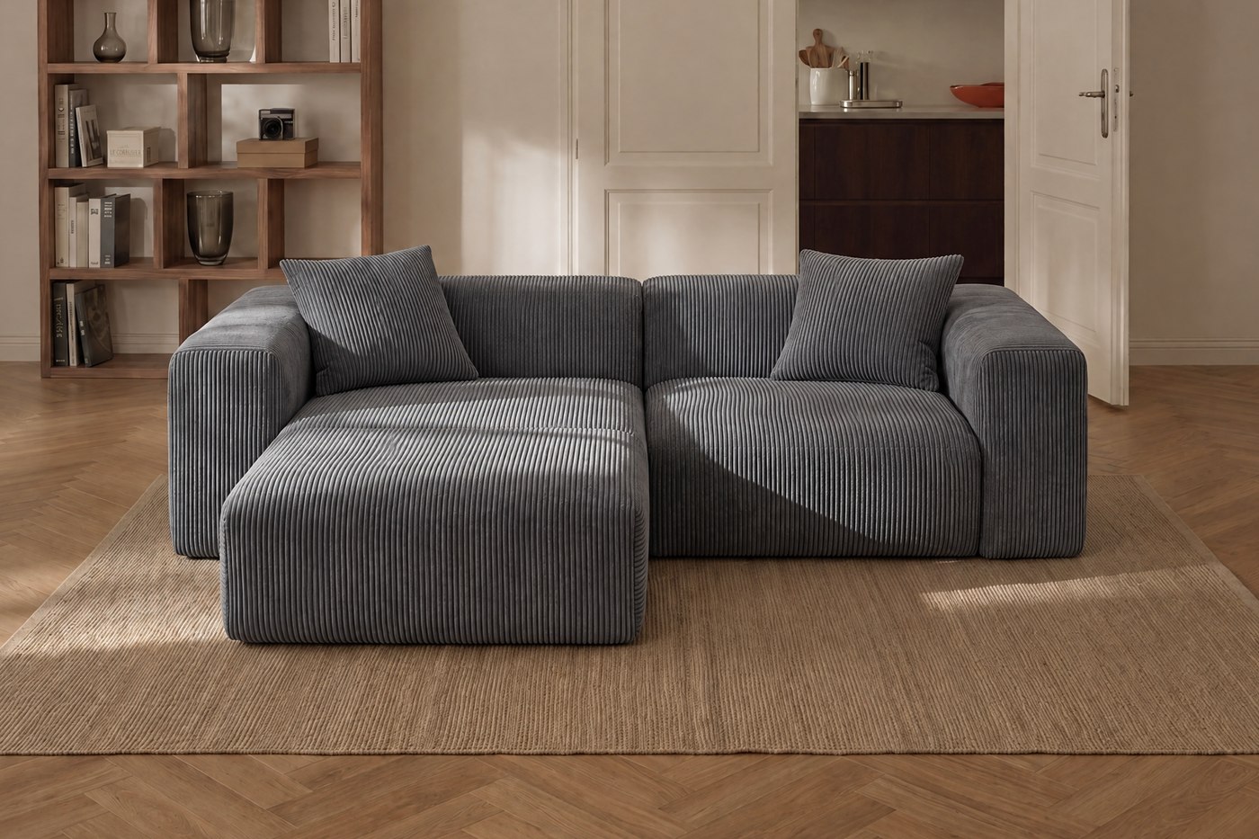 Basel corduroy sectional in a warm living room