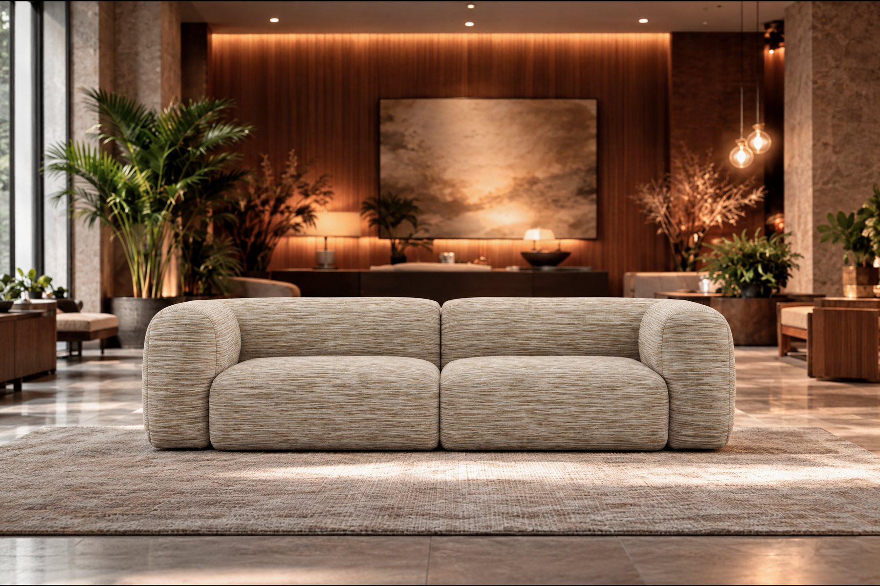 A Floom sofa in a warm, elegant hotel lobby lounge